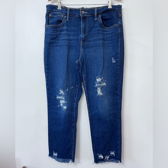 Levi’s 724 High Rise Straight Jeans Stretch Women's 32 Blue Frayed Hem Dark Wash - Picture 1 of 9